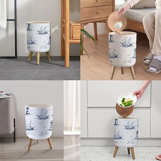 Small Trash Can with Lid Vintage Hand Drawn Nautical Toile De Jouy Seamless Lighthouse Wood Legs Press Cover Garbage Bin Round Waste Bin Wastebasket Kitchen Bathroom Office