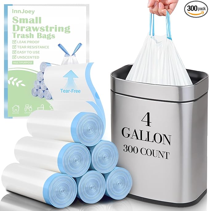 300 Count Small Trash Bags for 4-Gallon (15 L) Trash Cans Thick Pre-separated Garbage Bags Mini Wastebasket can Liners for Bathroom Bedroom Office(White)
