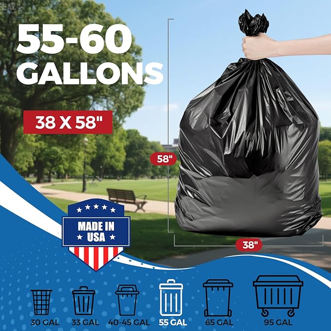 Fuxury 55-60 Gallon Extra Large Trash Bags 100 Count Black Garbage Bags 23 Mic Thick 38x58 in Star-Seal Bottom Plastic Bags Ideal for Home Yard &amp Commercial Use Made in USA
