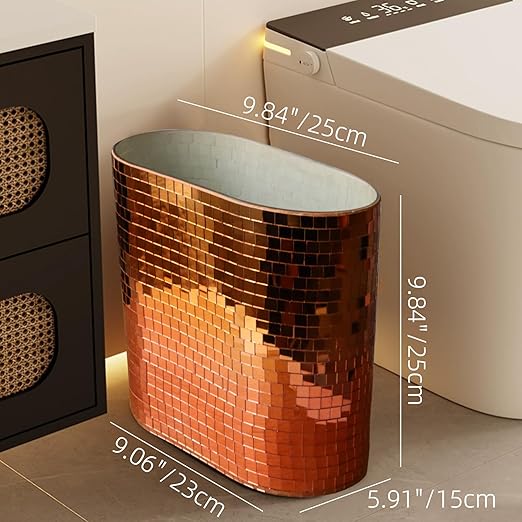 WDHODEC Rose Gold Mosaic Waste Basket (9.8 Tall) | Narrow Oval Decorative Trash Can for Bathroom Vanity &amp Toilet Side | Luxury Handcrafted Mirror Accent Dual-Use Flower Vase