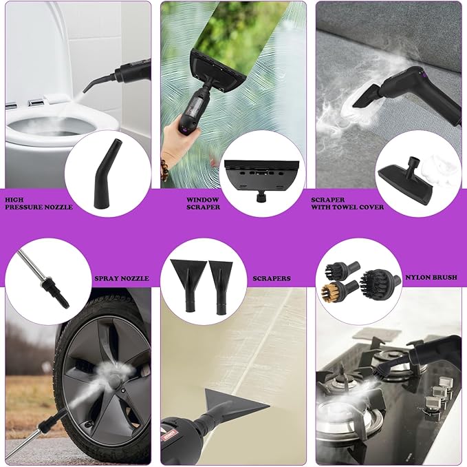 Steam Cleaner - 3-Level Adjustable Handle 15s Heat-Up - Steamer for Cleaning with 10pcs Accessories - Portable Steam Cleaner for Home for Car Dirt Grease Grout Tile Floor Couch Furniture-Purple