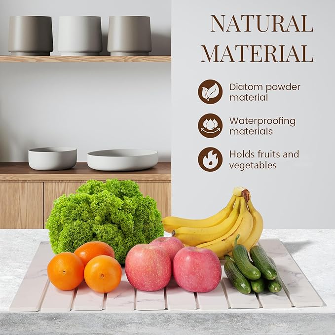 Large Stone Dish Drying Mats for Kitchen Counter 16(L)×12(W) Foldable Quick Dry Stone Dish Drying Mats Kitchen Absorbent Diatomaceous Earth Drying Stone Mat for Dishes Bottles Cups Marble White