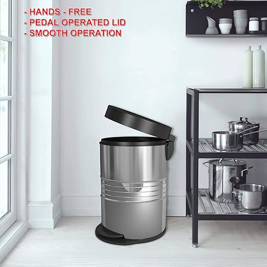 nu steel 5 Liter Round Small Metal Step Trash Can Wastebasket Garbage Container Bin - for Bathroom Powder Room Bedroom Kitchen Office - Removable Liner Bucket - 8 x 8 x 12 – Shiny Steel