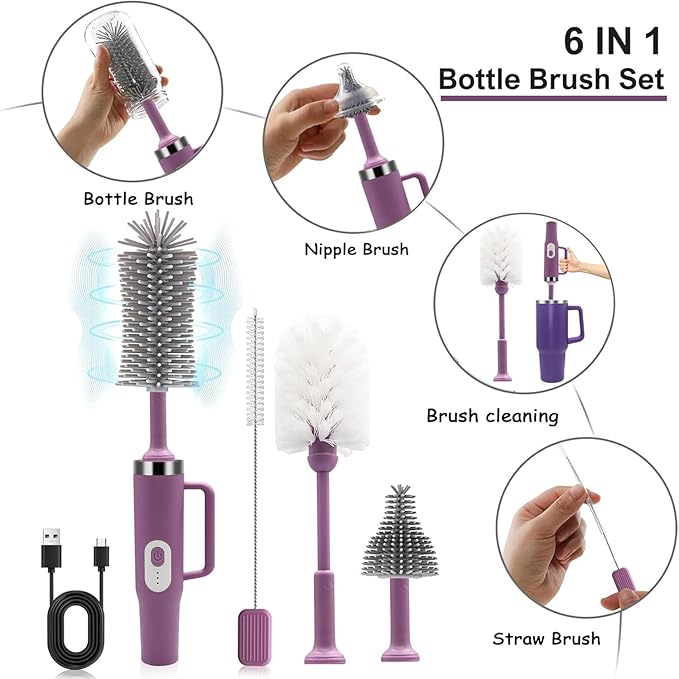 5 in 1 Electric Bottle Brush Cleaner Compatible Stanley Bottle Brush Straw Cleaner Multifunction Rechargeable IPX6 Waterproof Extra Long Design for Stanley Cup Sports Bottle and More (Purple-1)