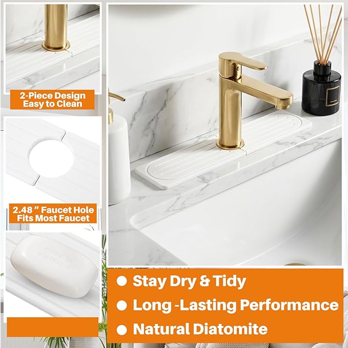 2 Pcs Large Stone Dish Drying Mats for Kitchen Counter 24x16 Water Absorbing Dish Drying Mat with Faucet Mat for Kitchen Sink Non-Slip and Foldable for Dishes Bottles Cups(White)