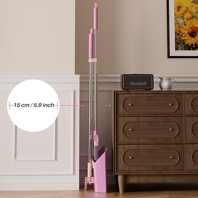 JOYMOOP Pink Broom and Dustpan Set Upright Angle with Built-in Comb Teeth for Kitchen Lobby Pet Hair and Hard Floors
