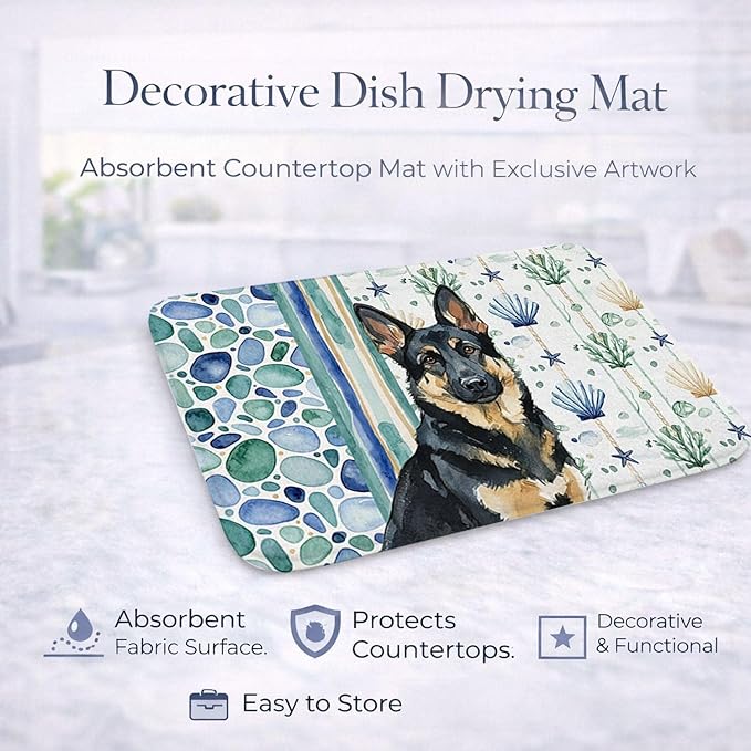 Caroline's Treasures Black and Tan German Shepherd Coastal Sea Glass Dish Drying Mat Absorbent Dish Drying Mat Pad for Kitchen Counter Dish Drainer Mat for Countertop 14 x 21 Multicolor