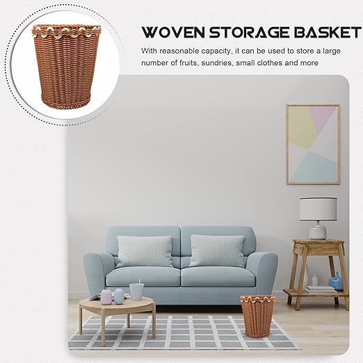 Cabilock Woven Trash Can for Home Multi-Functional Decorative Storage Basket for Desktop Use Rustic Round Design Lightweight and Portable for Organizing Sundries and Waste