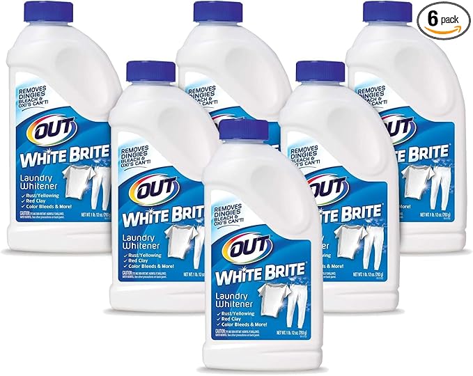 OUT White Brite Laundry Whitener Powder Stain Remover Detergent Booster for Clothes Removes Red Clay and Rust Stains on White Clothing and Uniforms 1 Pound 12 Ounce Pack of 6