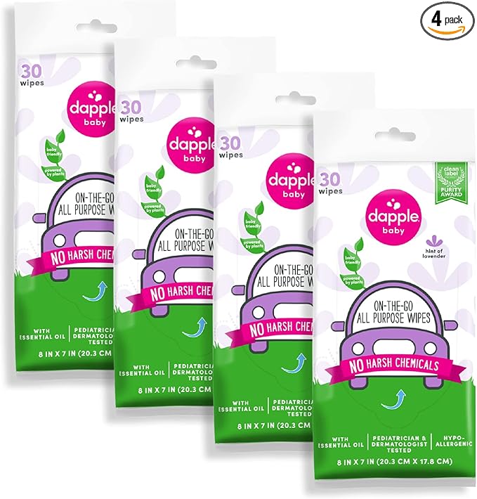 Dapple Baby All Purpose Wipes Hint of Lavender Plant Powered Hypoallergenic 30 Count (Pack of 4)