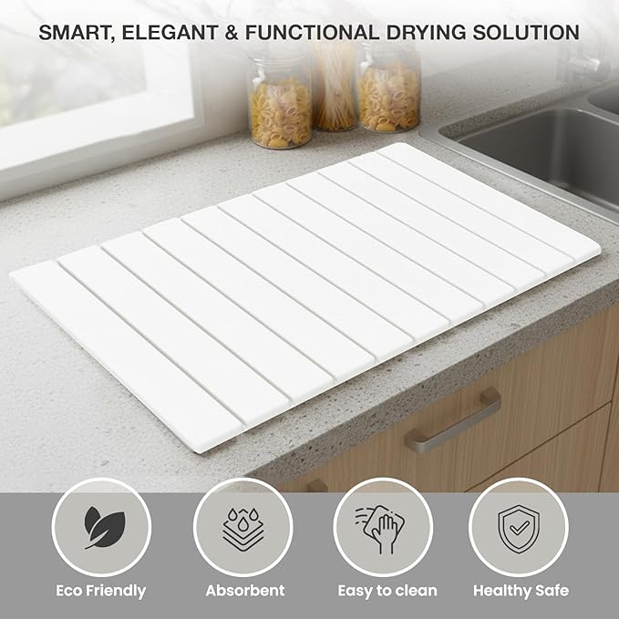 Large Stone Dish Drying Mat for Kitchen Counter 24x16 Fast Drying Collapsible Diatomaceous Earth Mat Super Absorbent Folding Mat for Dishes Bottles Glass Heat-Resistant Non-Slip (White)