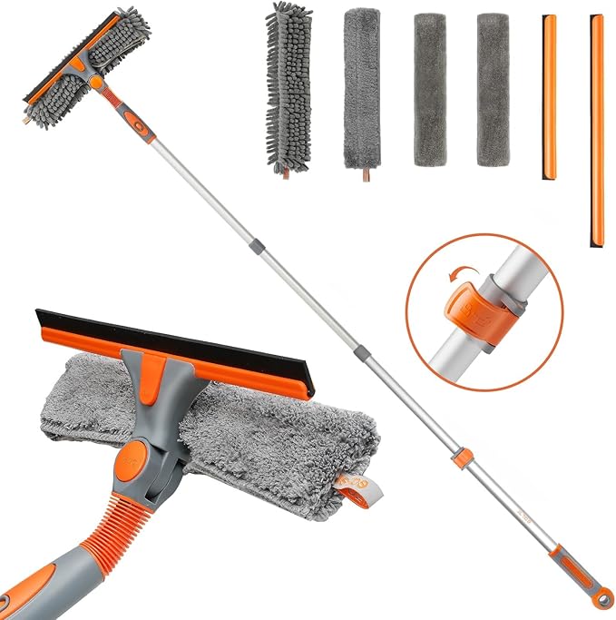 Eazer 2-in-1 Window Cleaner Tool 64'' Window Squeegee for Home Window Cleaning Squeegee Kit with Telescopic Pole Window Washing Kit with Rotatable Bendable Head(Threaded + Telescopic)