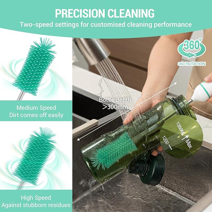 Travelling Electric Bottle Brush Cleaner Baby Bottle Brush Set Fully Water -Proof Bottle Brush Long Handle Brush BPA Free Silicon Brush Heads Drying Stand Milk Mixer Egg Whisk Included