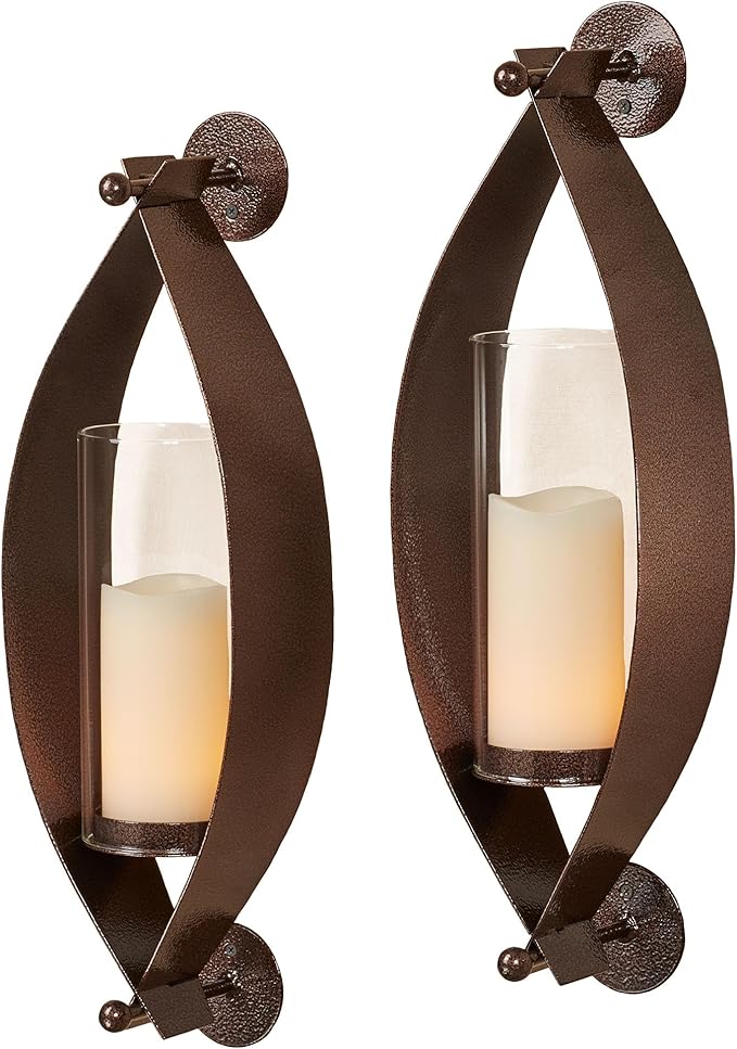 Touch of Class Xander Wall Sconce Pair - Handcrafted Steel - Antique Copper - Glass Hurricane - Set of 2 - Metal Sconces Holder for Bedroom Bathroom Living Room Kitchen Walls Hallway