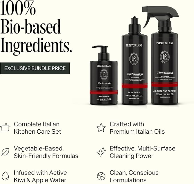 Preston Lane Luxury Kitchen Set – Hand Wash Dish Soap &amp All Purpose Cleaner | Plant Powered Cleaning Essentials Bundle with Fine Fragrance Winterwatch Scent Vegan &amp Cruelty Free