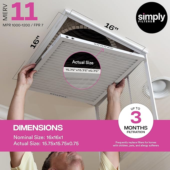 Simply 16x16x1 Air Filter Merv 11 6 Pack For Home AC Furnace &amp HVAC (Actual Size: 15.75x15.75x0.75) DUST Pet &amp Allergy Control