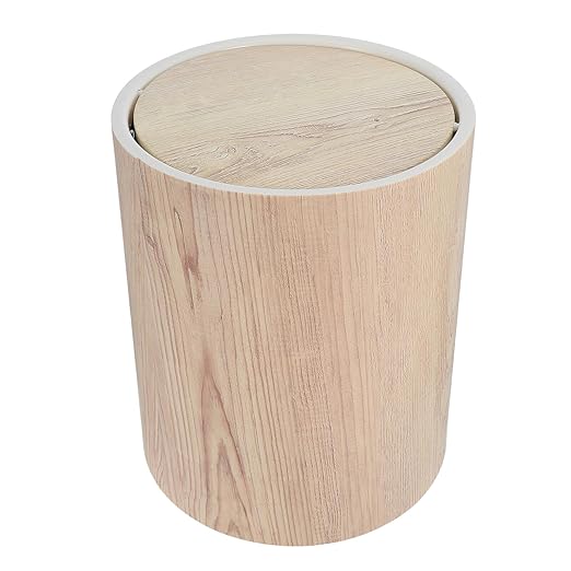 Garneck Large Wood Grain Plastic Trash Can with Flip Top Lid Space-Saving Round Farmhouse Wastebasket for Bedroom Dining Room Kitchen Noiseless Bin for Office Hotel Households