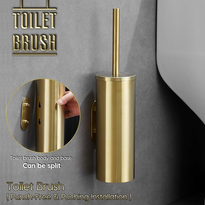 Gold Brushed Stainless Steel Toilet Brush and Cover No-Punch Hook Base Dual Purpose Toilet Brush Holder with Removable Inner Bucket and Splash Cover - Soft Bristles (Brushed Gold)