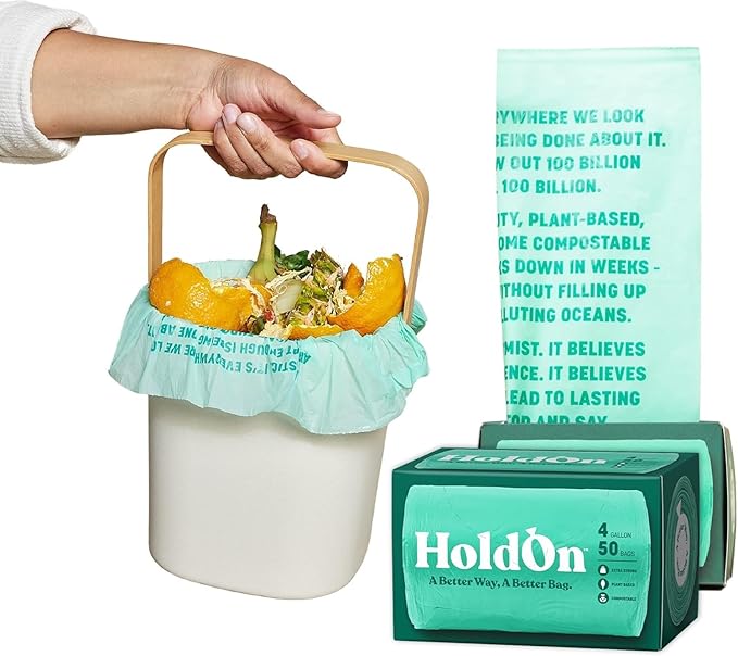 HoldOn Small Trash Bags 4 Gallon - 100 Plant-Based Garbage Bags for Small Trash Bins - Trash Bags for Kitchen Bin (2-pack 100 bags) 1.0 Count (HO#4G_2PK)