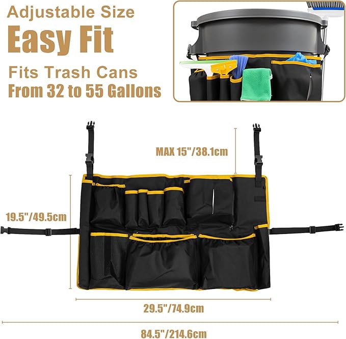 Trash Can Caddy Bag 1680D waterproof and easy-to-clean fabric fits for 32-55 Gallon Garbage Bin with Adjustable Buckle Multi-Pocket Garbage Bin Caddy Organizer Orange Edge