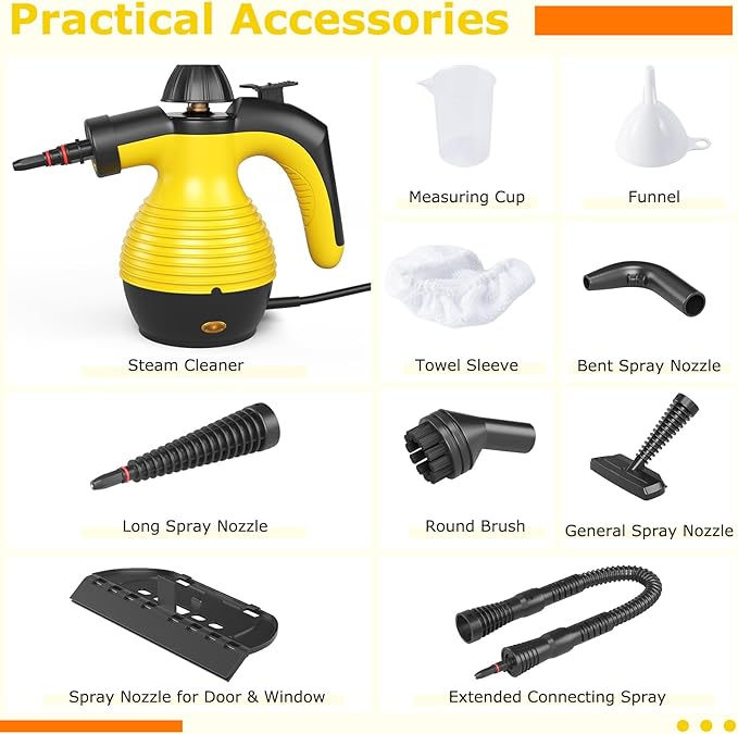 COSTWAY Handheld Steam Cleaner 1050W Portable Household Steamer with 9 Accessories 12 oz Water Tank Multipurpose Pressurized Steam Cleaning Machine for Floor Window Grease Grime (Yellow)