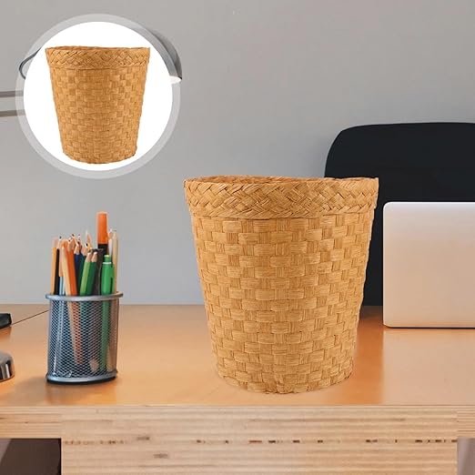 Wicker Trash Can - Woven Wicker Waste Basket Round Rattan Waste Paper Bin Office Garbage Can Rubbish Basket Laundry Hamper for Kitchen Home Office