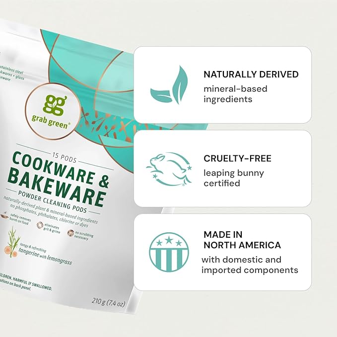 Grab Green Cookware and Bakeware Cleaner Pods 4 Bags of 15 Pods Tangerine Lemongrass Scent Plant and Mineral Based Removes Burnt-On Food Eliminates Grit and Grime No Scrubbing Necessary