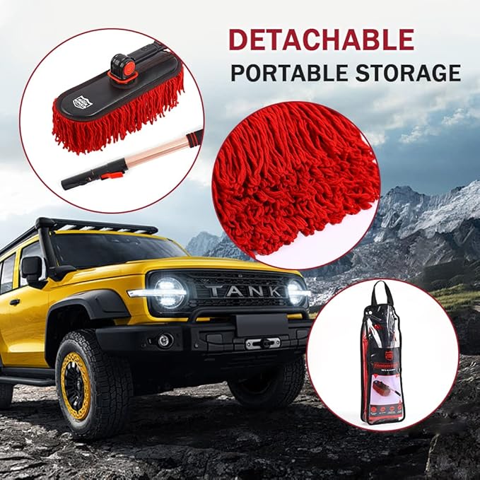 Car Duster Exterior with Extendable Handle Scratch Free Auto Wash Brush Mop Interior Detailing Kit for Truck RV Boat - 1PC Wax Cotton Duster Bright Red
