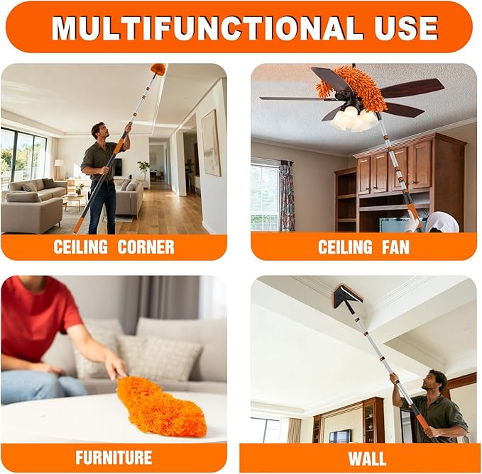30FT Reach Duster Cleaner Kit Dusters for Cleaning with Extension Pole Baseboard &amp Wall and Window Cleaner Mop for Fan Blades High Ceiling and Cobweb