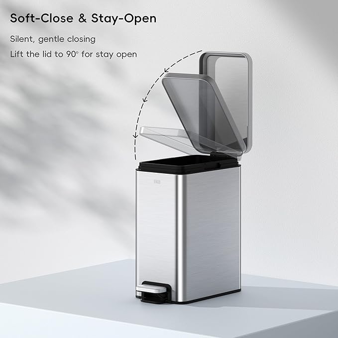 EKO Small Bathroom Trash Can with Lid Soft Close Step Pedal 6 Liter / 1.6 Gallon Stainless Steel Garbage Can with Removable Inner Bucket Anti-Fingerprint Finish (Silver)