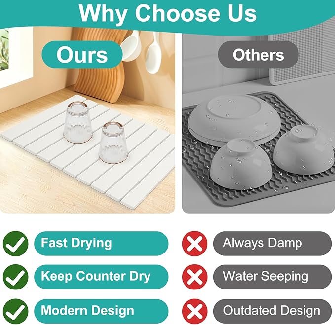 3 Pcs Large Stone Dish Drying Mat for Kitchen Sink Counter Dish Pads Diatomaceous Earth Mats Quick Fast Drying Stone Mat Diatomite Absorbent Tray Dry Matt Kitchen Countertop Dishes Drainer Mat