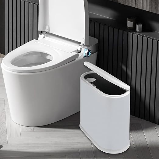 Narrow Garbage Can Trash Can with Lid Small Press Type Wastebasket Garbage Container Bin for Craft Room Toilet Home Entryway Grey