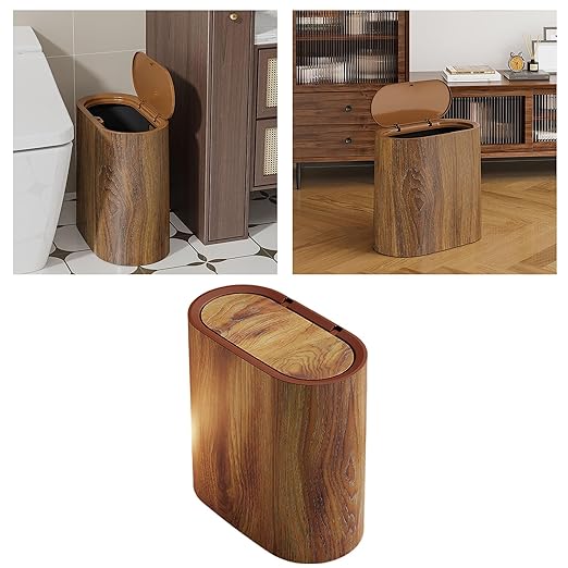 Bathroom Trashcans with Lids Plastic Marble Wood Pattern Trash Can Small Garbage Bin with Lid for Bathroom Narrow Wastebasket Modern Waste Basket for Home Indoor Hotel (Brown)