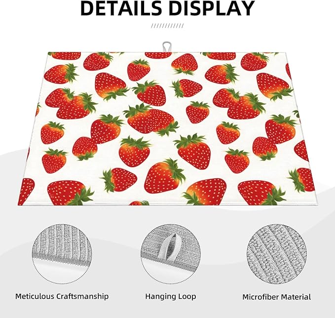 Cute Strawberry Dish Drying Mat For Kitchen Counter Super Absorbent Microfiber Dish Drying Pad Kitchen Gadgets For Easy Clean Multi-Use Large 18x24