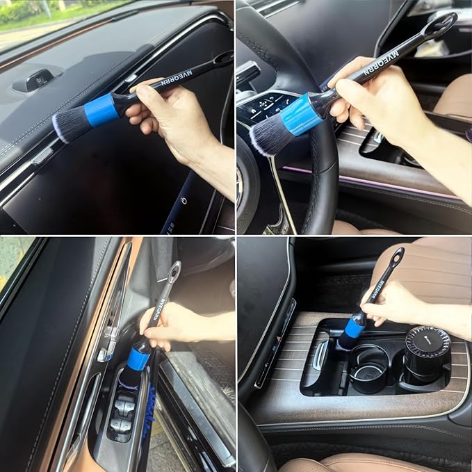 6pcs Car Detailing Brush Set-2pcs Boars Hair Car Detailing Brushes2pcs Ultra Soft No Scratch Detailing Brush for Air VentLeather Seat 2pcs Detail Brushes for Interior Exterior(Blue)