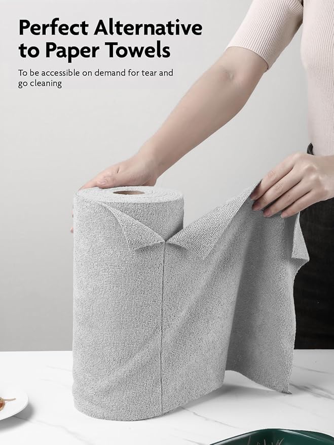 Fantasticlean Microfiber Cleaning Cloth Roll -60 Pack Tear Away Microfiber Towels 12 x 12 Reusable Washable Scratch Free Ultra Absorbent for All-Around Cleaning Supplies (Grey &amp DimGrey)