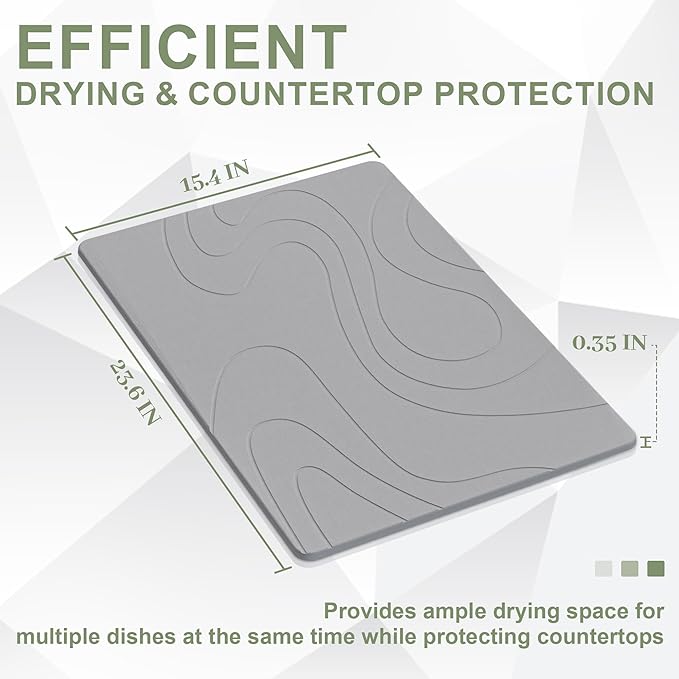Large Stone Drying Mat for Kitchen Counter 24 × 16 Diatomite Dish Drying Mat Quick Dry Stone Mats Ultra Absorbent Natural Diatomaceous Earth Mats for Dished Bottles Dark Grey