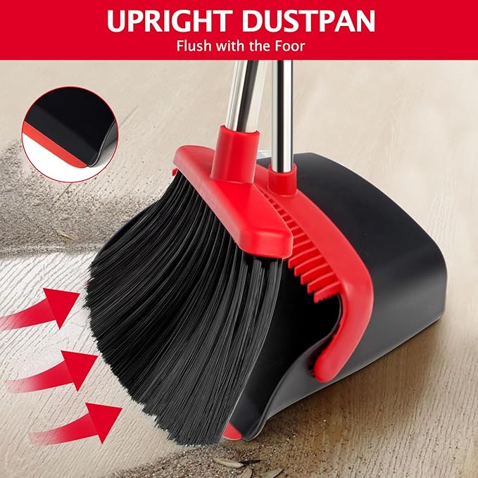 Broom and Dustpan Set with Long Handle Heavy Dust Broom and Dustpan Combo for HomeKitchen Office Pet Hair 2PCS (Black Red)