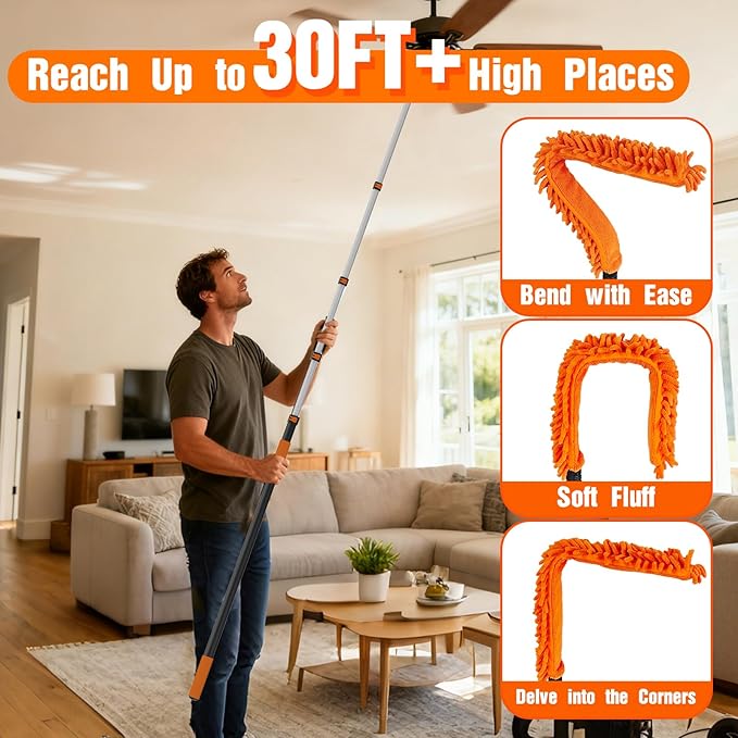 36FT Reach Duster Cleaner Kit Dusters for Cleaning with Extension Pole Baseboard &amp Wall and Window Cleaner Mop for Fan Blades High Ceiling and Cobweb