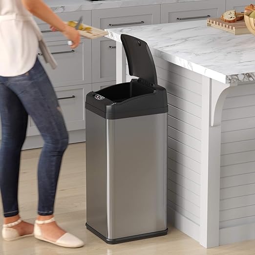 iTouchless 13 Gallon Sensor Kitchen Trash Can with Lid and Odor Filter Stainless Steel Trashcan Extra-Wide Lid Opening Slim Garbage Bin for Home Office Work Bedroom Living Room Garage Large Capacity