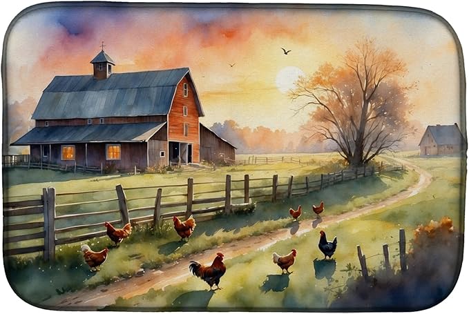 Caroline's Treasures Chicken Farmyard Sunrise Dish Drying Mat Absorbent Dish Drying Mat Pad for Kitchen Counter Dish Drainer Mat for Countertop 14 x 21 Multicolor