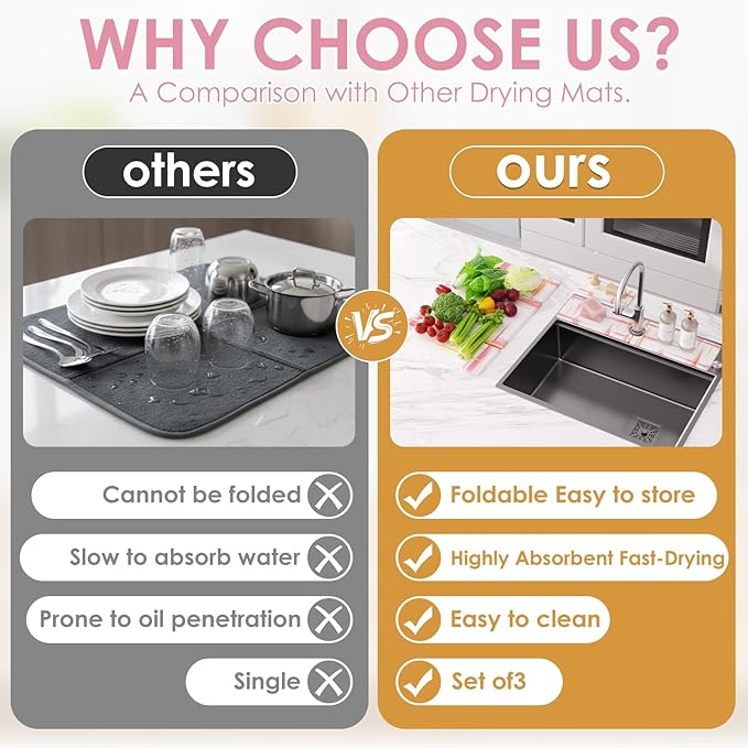 3 PCS Large Stone Dish Drying Mat for Kitchen Counter -24x16 Absorbent Diatomaceous Earth Mat with Stone Faucet Mat &amp Soap Tray - Quick Dry Collapsible Non-Slip Countertop Organizer