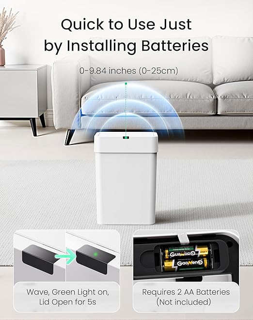 Cesun Bathroom Trash Can with Lid 4 Gallon Motion Sensor Garbage Can Automatic Touchless Trash Cans Slim Plastic Smart Waste Basket for Bedroom Office Living Room White