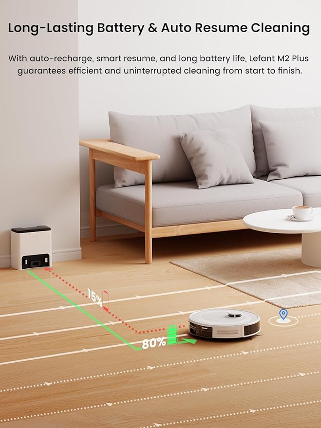 Lefant LiDAR Robot Vacuum and Mop75-Day Self-Emptying6000Pa Powerful SuctionCustomized CleaningHome Mapping 140 Min Runtime Roller Brush for Carpet2.4G/5G WiFi/Alexa/APP/iWatchM2 Plus