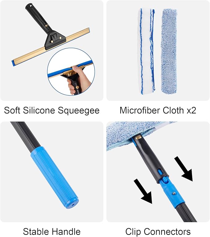 Swivel Squeegee Kit with 4 Extension PolesGlass Scraper Bendable Duster 2 Window Scrubber Cloth for Glass Car Floor HomeGarden