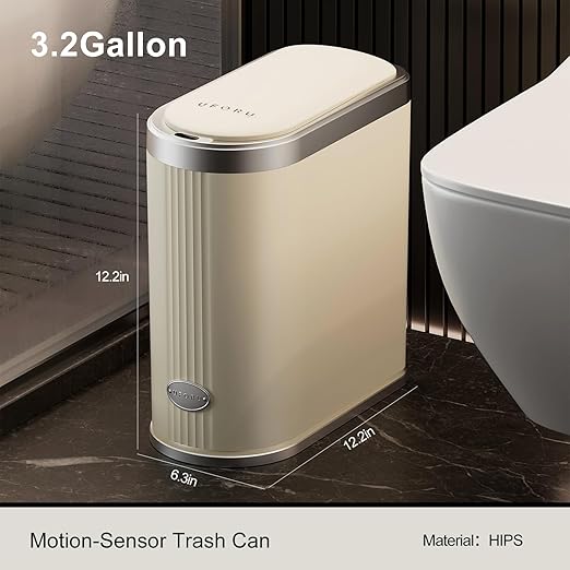 3.2 Gallon Touchless Motion Sensor Trash Can Automatic Slim Garbage Bin with Lid Space Saving Smart Wastebasket for Bathroom Office Kitchen - Beige