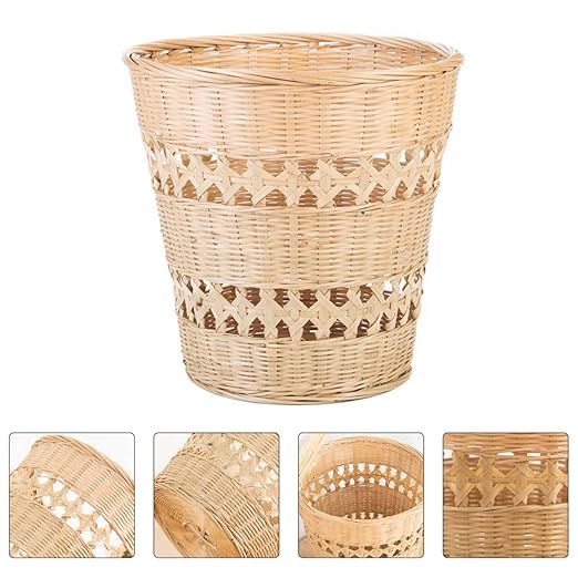 Woven Trash Can Handwoven Rubbish Basket Natural Wood Wastebasket Rustic Storage Basket for Bathroom Living Room Home Organization