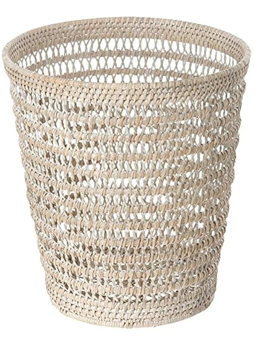 Kouboo La Jolla Rattan Mesh Waste Basket – Round Trash Can for Bathroom Bedroom Office – Boho Wicker Bathroom Storage Small Garbage Bin for Home Decor &amp Storage Basket White Wash