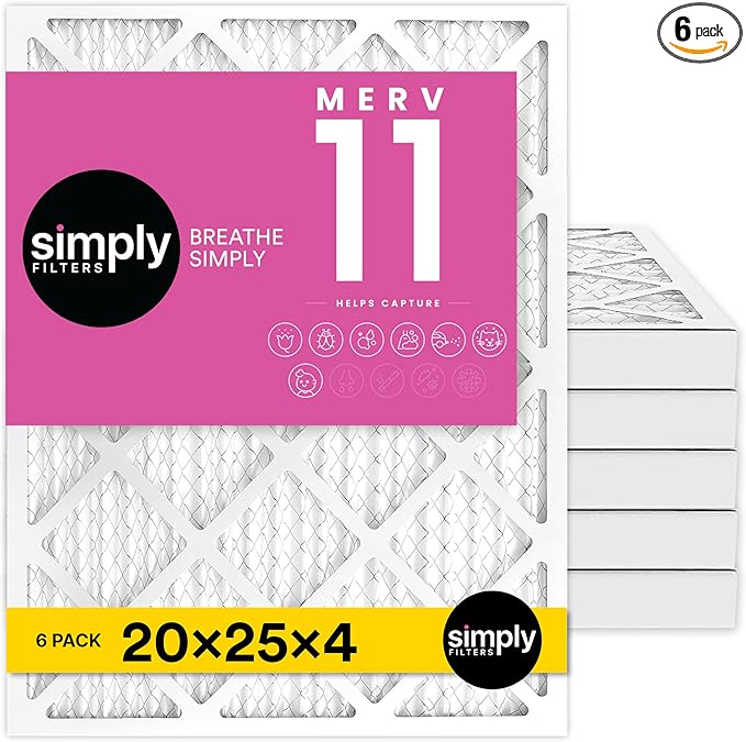 Simply 20x25x4 Air Filter MERV 11 6 Pack Furnace Air Filter for HVAC (Actual Size:19.5x24.5x3.63) DUST Pet &amp Allergy Control