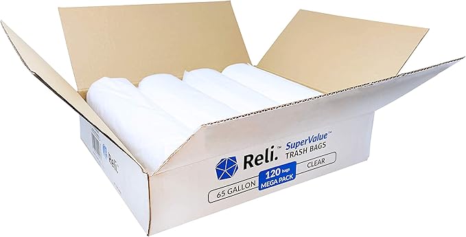 Reli. SuperValue 65 Gallon Trash Bags | 120 Count | Made in USA | Heavy Duty | Bulk | Clear Multi-Use Garbage Bags